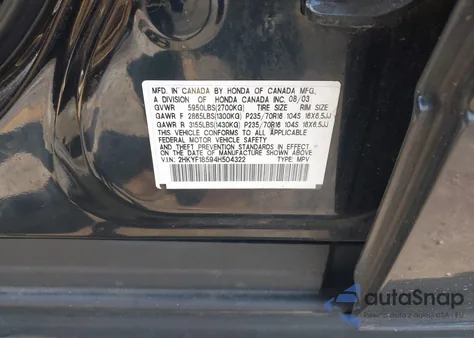 2004 Honda Pilot Ex-L z USA, uszkodzony, nr VIN 2HKYF18594H504322